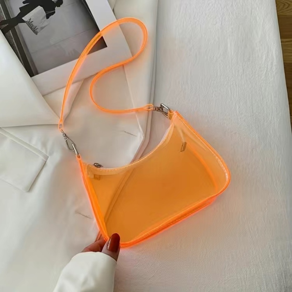 Womens NEW Y2K Neon Orange PVC Zipper Shoulder Bag Clutch Travel Makeup Purse
